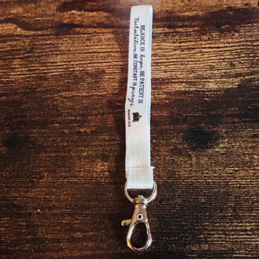 Romans 12:12 Scripture Wristlet Keychain White Fabric Bible Verse Lanyard Clasp